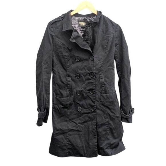 Guess Jeans Black Trench Coat 90s goth witch Preppy fall jacket canvas Women M - Picture 1 of 8